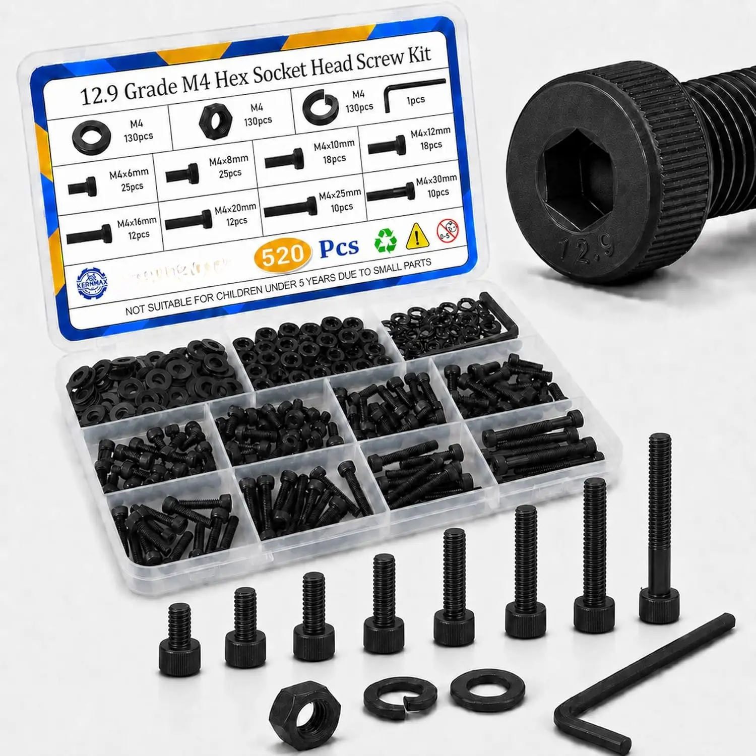 520 count M4 Screws  Kit, M4x6/8/10/12/16/20/25/30mm Hex Socket  Cap , Nuts & Washers Set, 12.9 Grade Alloy Steel Black Oxide M4 Machine Screws for  Printer, DIY