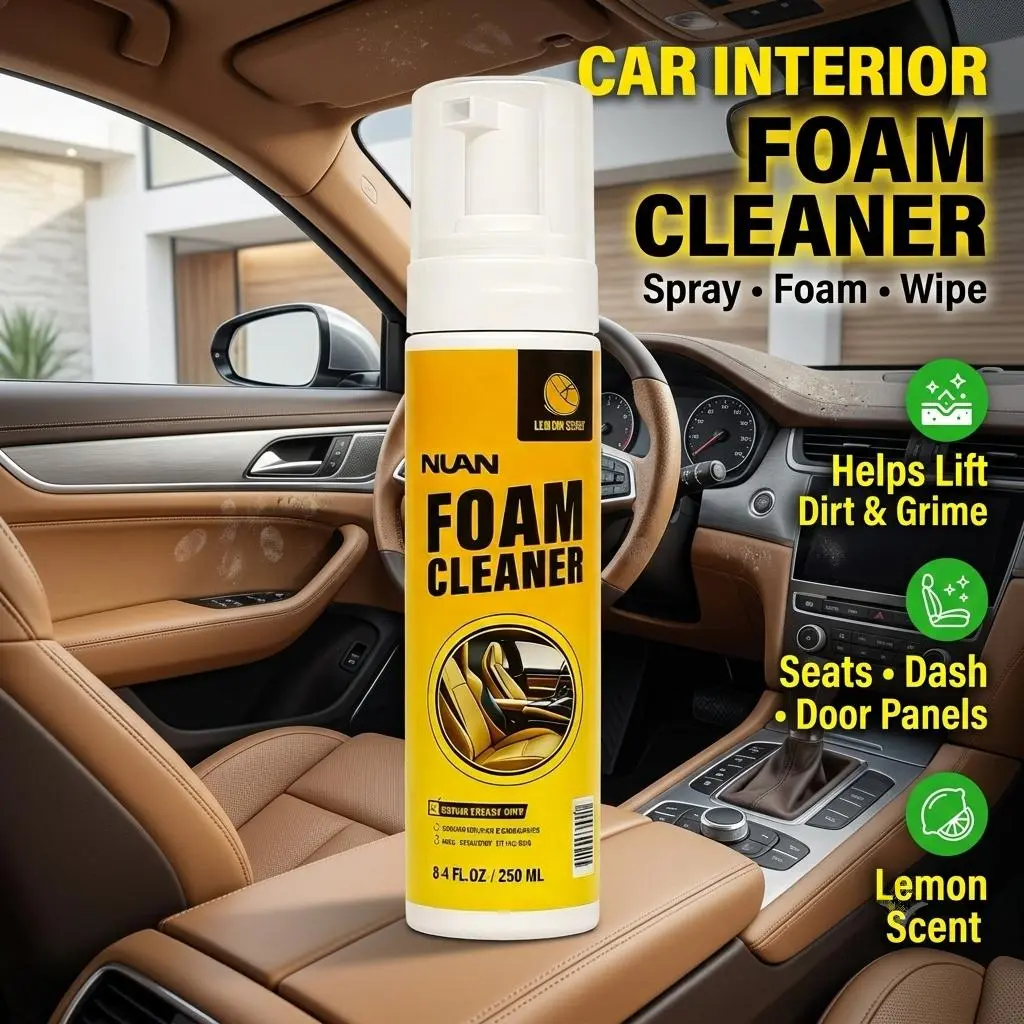 NUAN Gentle Foam Car Interior Surface Cleaner Spray - For Leather, Plastic, Headliner, Door Panels, Lifts Dirt & Grime, Cleans No Extra Harsh Chemicals - MY0522