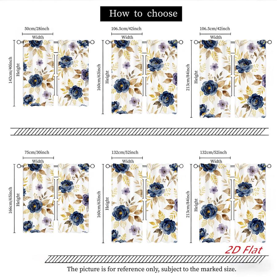 2 Pcs Elegant Floral Pattern Blue Peony Golden Leaves Sun Blocking Curtains Digital Printed Rod Pocket for Bedroom Office Kitchen Living Room Study Home Decor