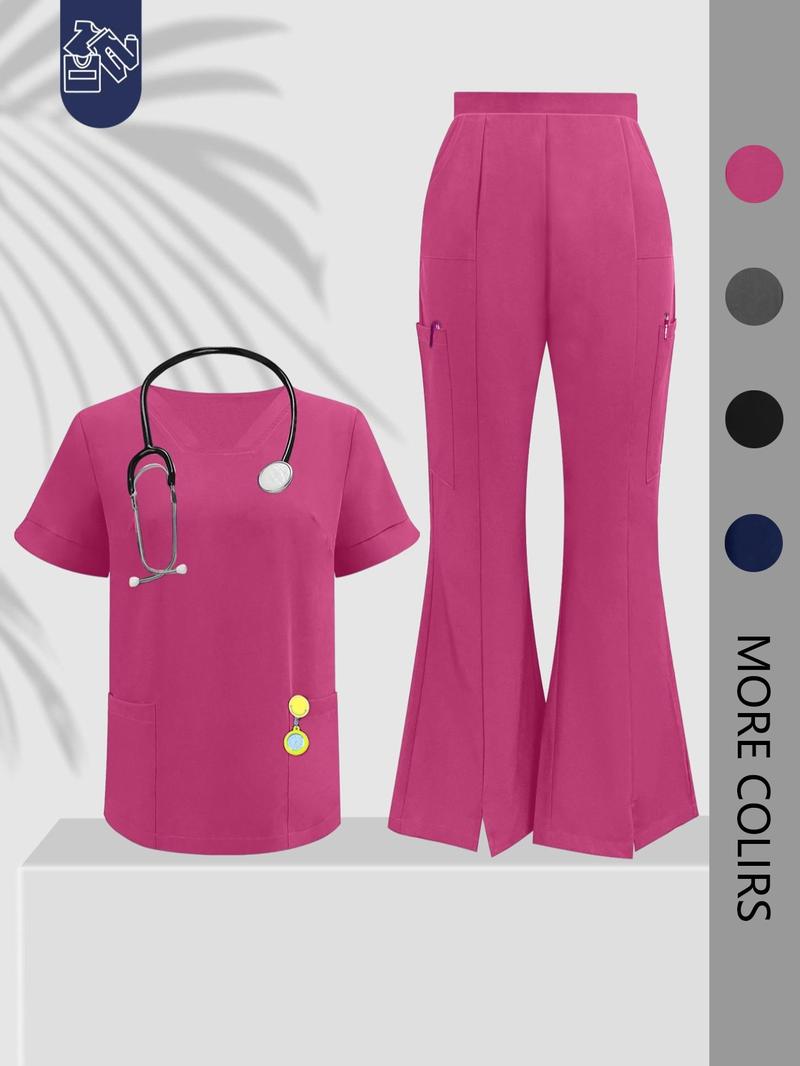 Cimmuovere Women's Solid Color Flare Leg Pants & Top Two-Piece Set, Casual Comfy Breathable Workwear & Uniforms for Women, Women's Uniforms for Summer, Business Attire Clothes