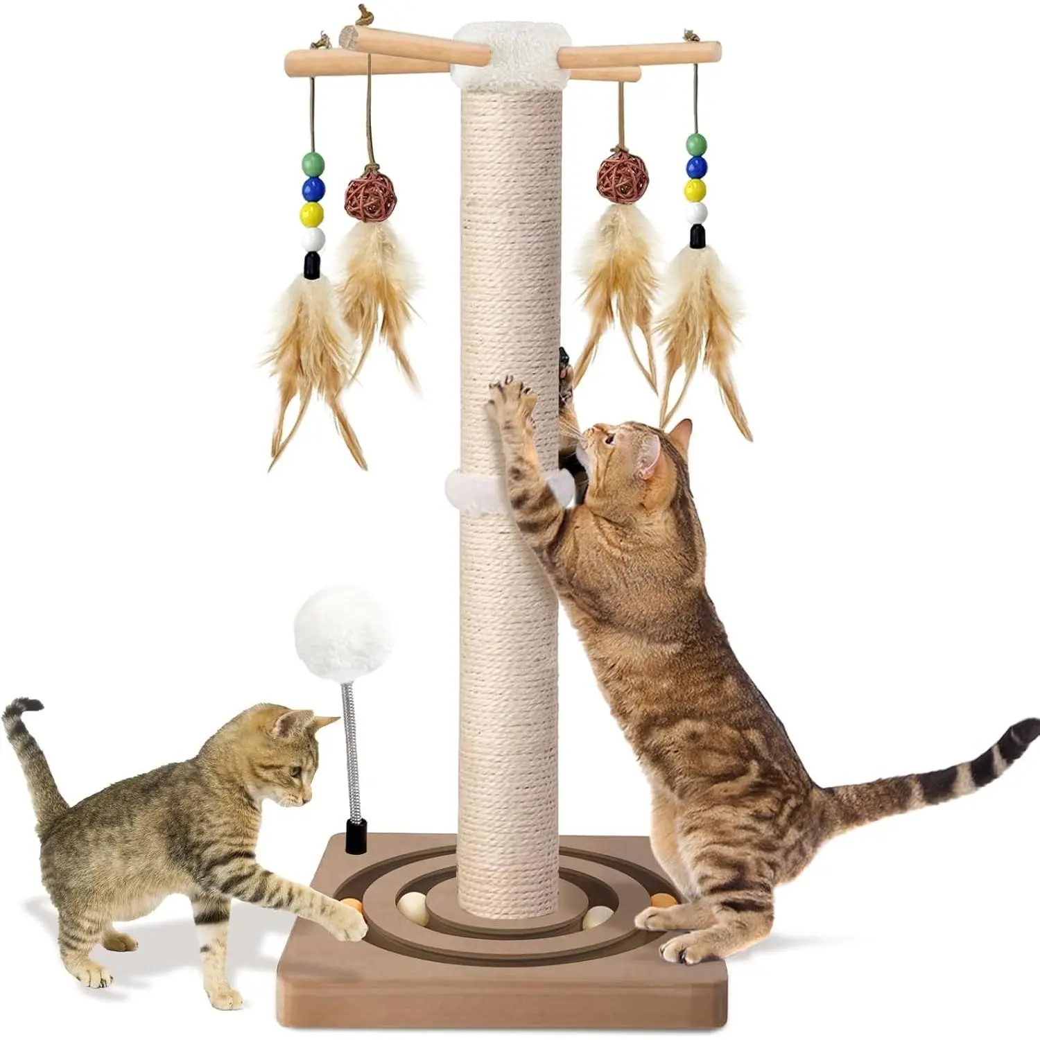 Cat Scratching Post, Sisal Cat Tree Tower Scratcher for Indoor Cats Adults with Interactive Toys, Double Ball Track, 2 Mounting Methods, 25 inches