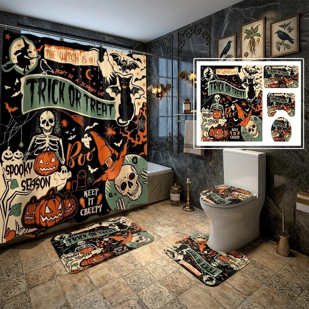 4pcs Retro Trick-or-Treat Skull Pumpkin Witch Bat Graffiti Print Shower Curtain Set, Printed Shower Curtain, Nostalgic Spooky Halloween Pattern Bathroom Set, Includes Toilet Lid Cover and Matching Bath Mat, Gothic Style Halloween Home Party Bathroom Decor