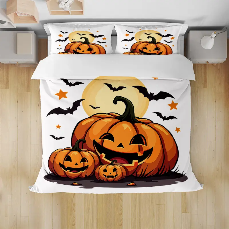 Halloween Pumpkin Bedding Set with Bats and Stars Design for Festive Home Decor