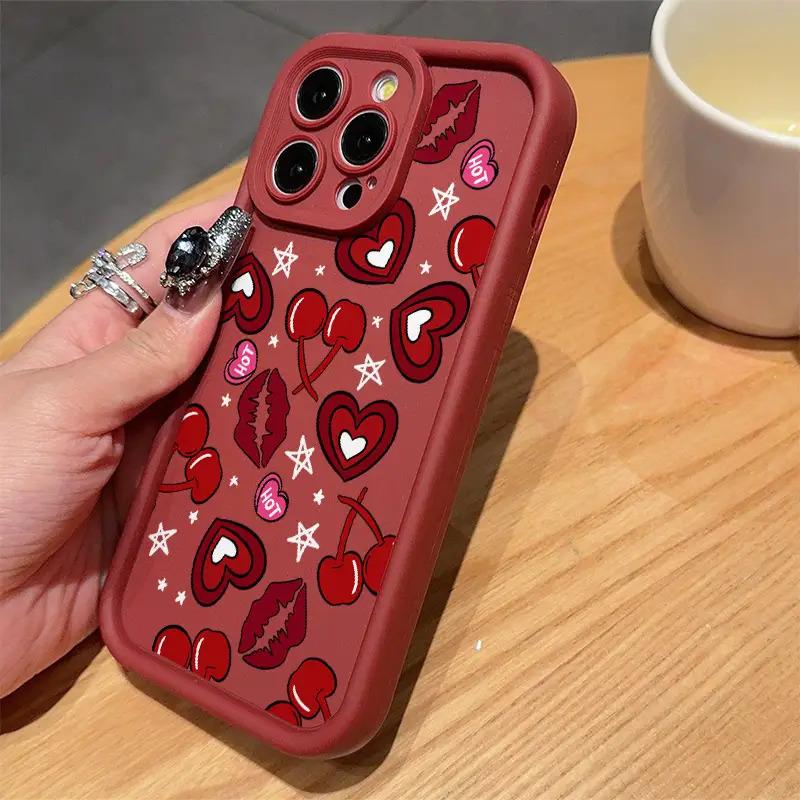A high-end wine red cherry, lip print, and heart-shaped TPU shockproof full coverage case, specifically designed for iPhone 17 E Air Pro ProMax iPhone16 15 14 Plus 13 12 Mini 11 X XS XR, Phone Case, Full Coverage,Seamless Edge, Fashion Phone Users