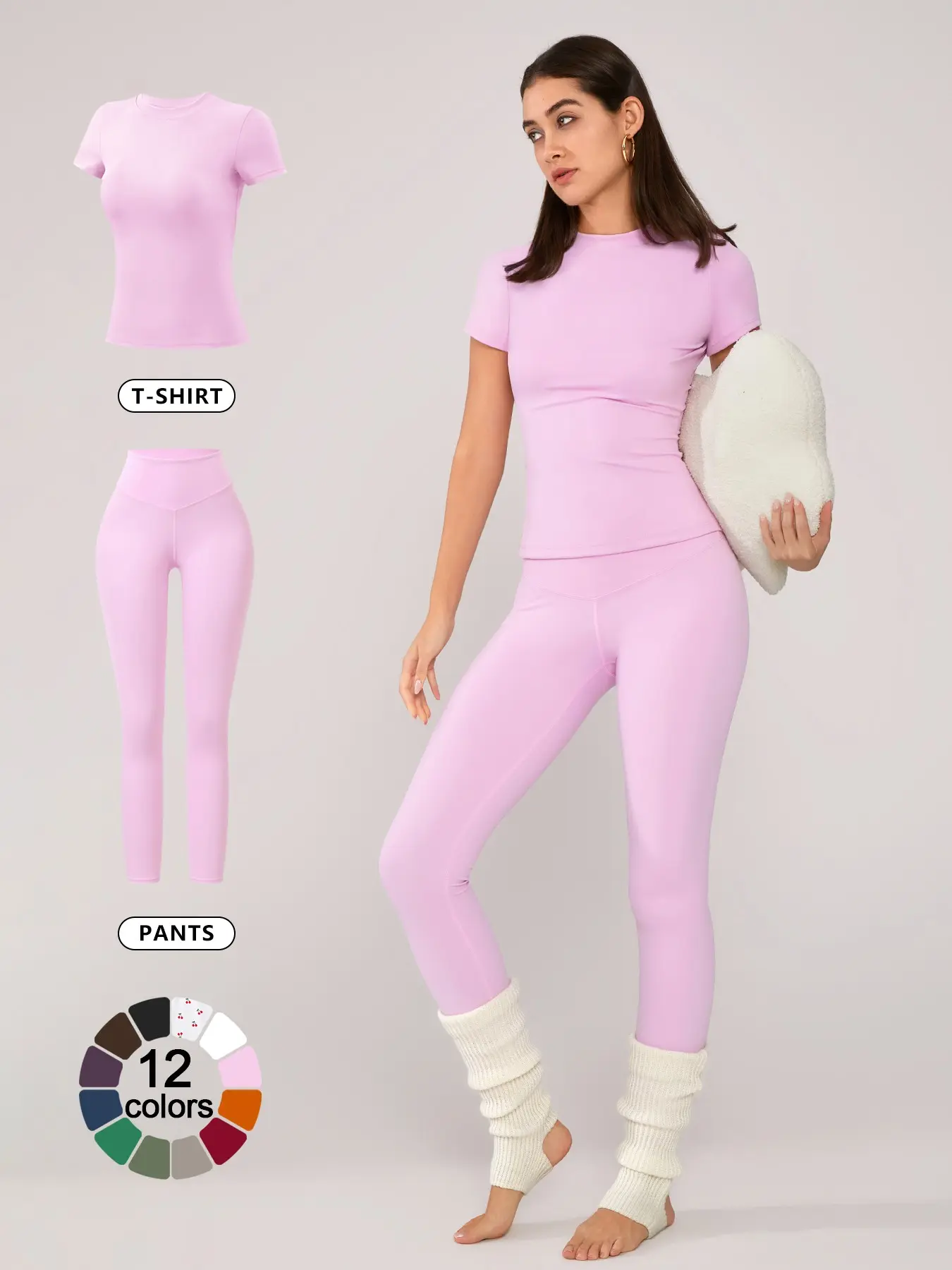 Women's Basic Solid Short Sleeve Tee & Leggings Loungewear, Casual Comfy Stretchy Fit Round Neck Top & Skinny Pants Matching Pajama Set, Ladies Knitted Fabric Sleepwear for Spring & Fall, Pjs, Pyjamas
