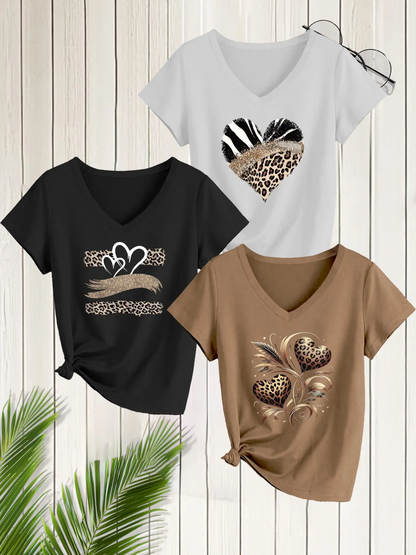 3-Pack Women's Casual V-Neck Short Sleeve T-Shirts, Top, Heart Print, Slim Fit, Spring Summer Fashion, Daily Wear, Everyday, Casual Everyday Tops