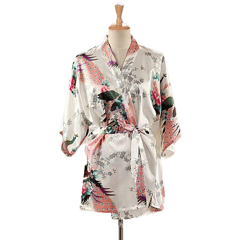 Lace Up Woman Peacock Print Japanese Kimono Yukata Silk Satin Short Style Sleepwear Home Nightgown Bath Robe Costume