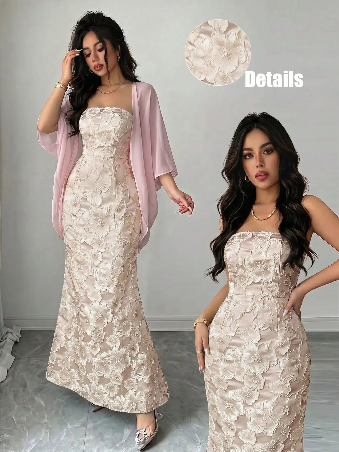 Women's Two-Piece Formal Evening Gown Set, Jacquard Floral Midi Maxi Tube Dress Matched With Sheer Chiffon Shawl, Elegant Long Dress For Wedding Guests, Proms And Banquets, Dresses For Party