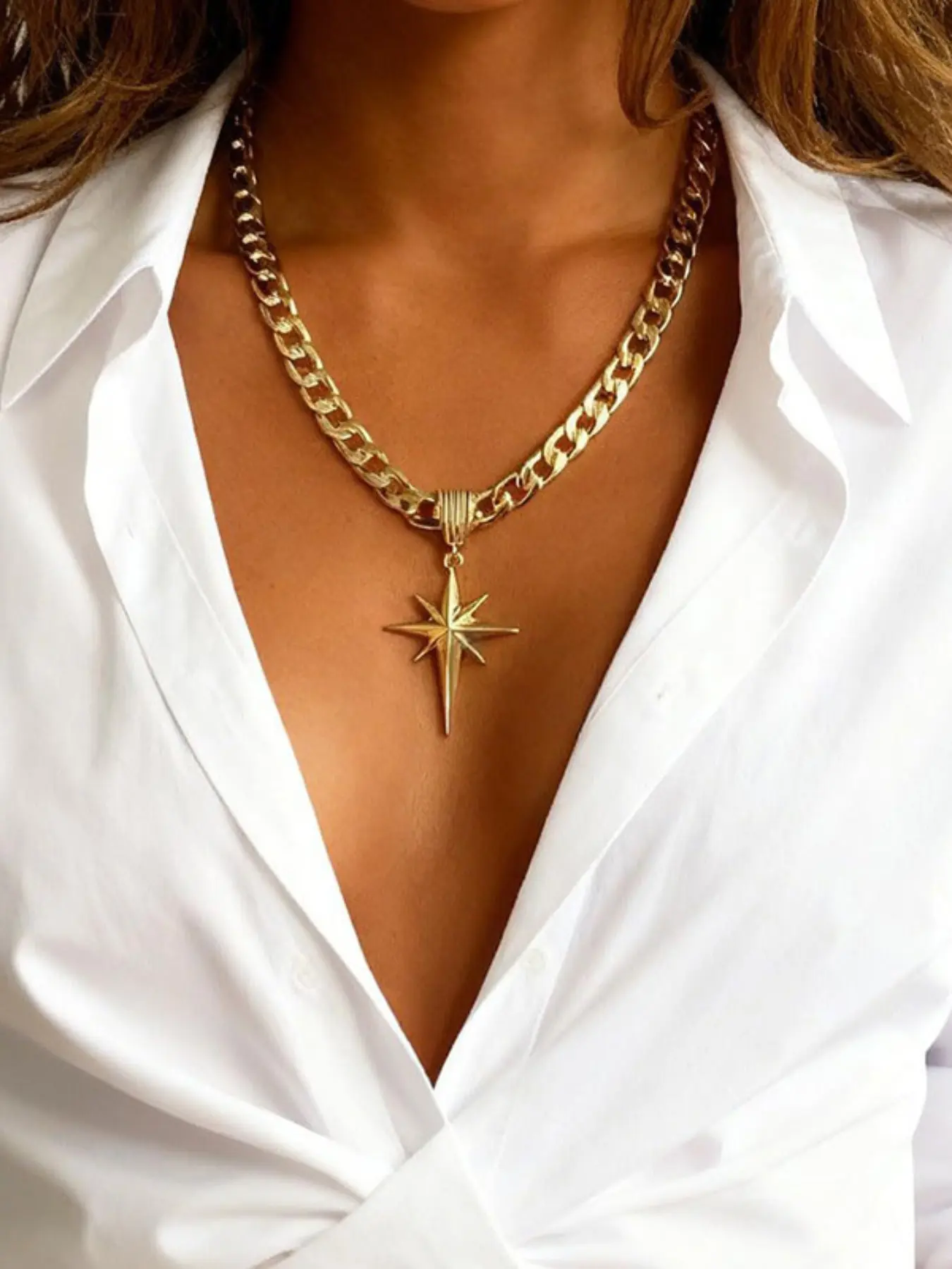 14k North Star Pendant Choker Necklace, Chunky Cuban Link, Eight Pointed Star, Hip Hop Style, Women's Jewelry Gift