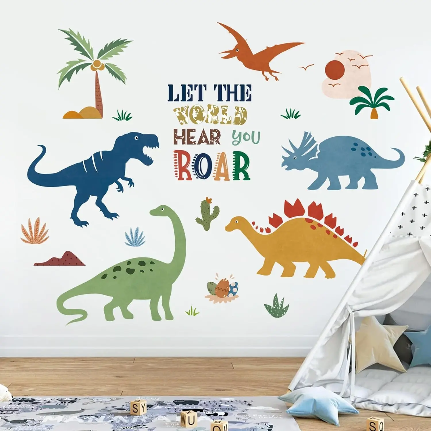 Boho Dinosaur Wall Decals Dino Palm Tree Wall Stickers Baby Nursery Boys Bedroom Playroom Wall Decor Gifts for Kids