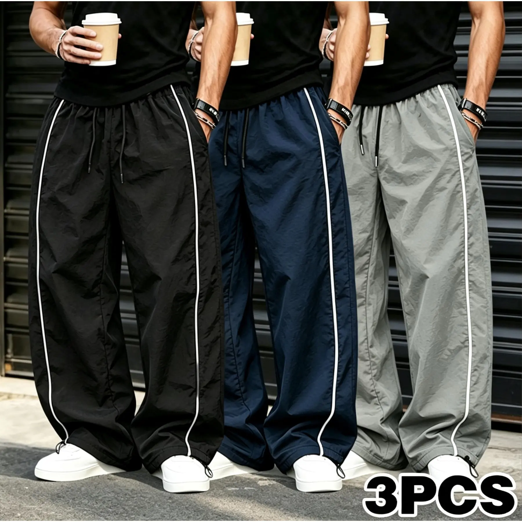 Men's Black Side Double White Stripe Wide Leg Parachute Pants, Elastic Drawstring Waist Loose Baggy Trousers, Lightweight Quick Dry Casual Streetwear Track Pants for Daily Workout and Street Outfit