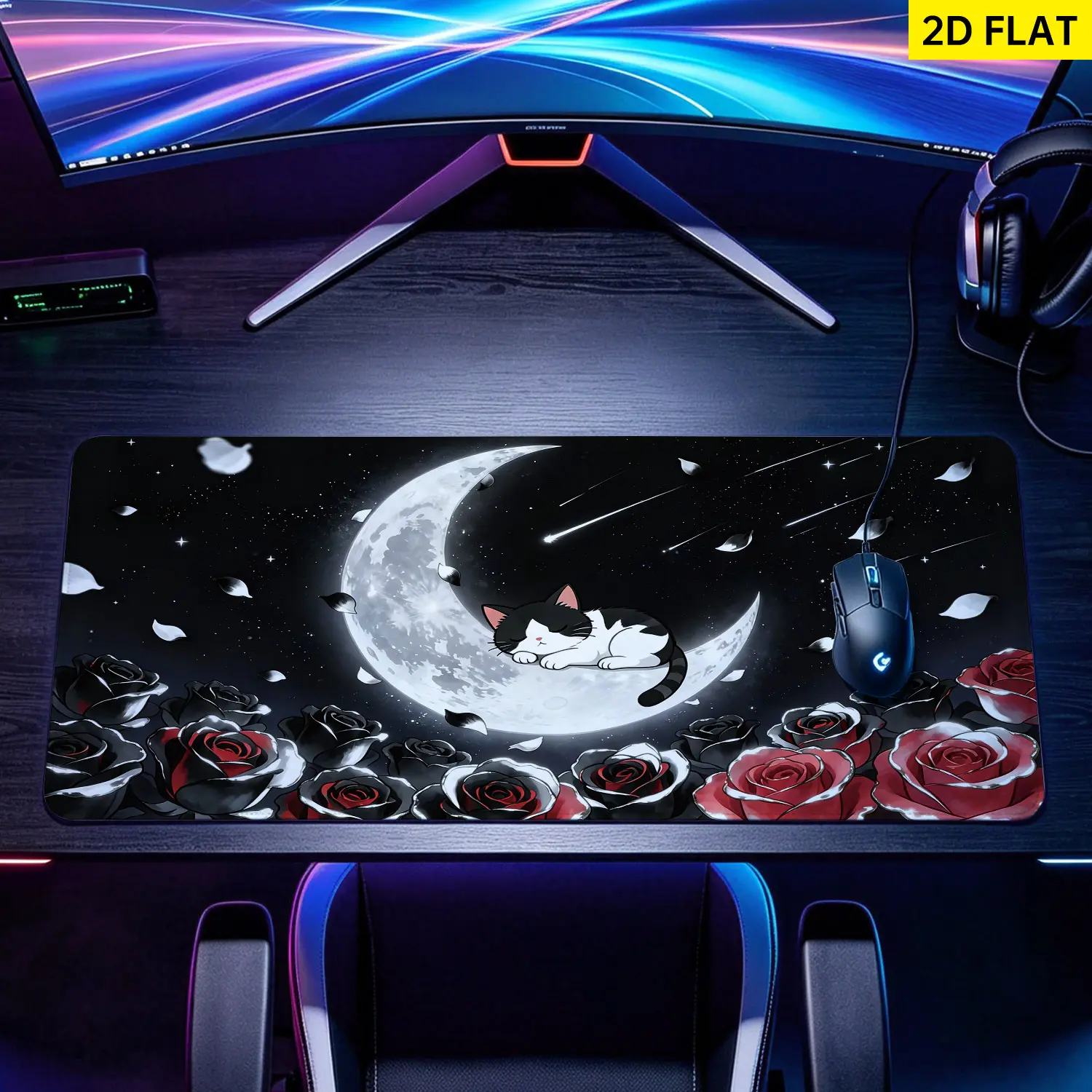 Extra Large moon cat and rose night sky design Mouse Pad,Non Slip Rubber Pad,Desktop Decoration Drotection Pad,Washable,Lock Edge Multi Size,Premium Multipurpose Mousepad For Home,Office,Gift for Family and Friends