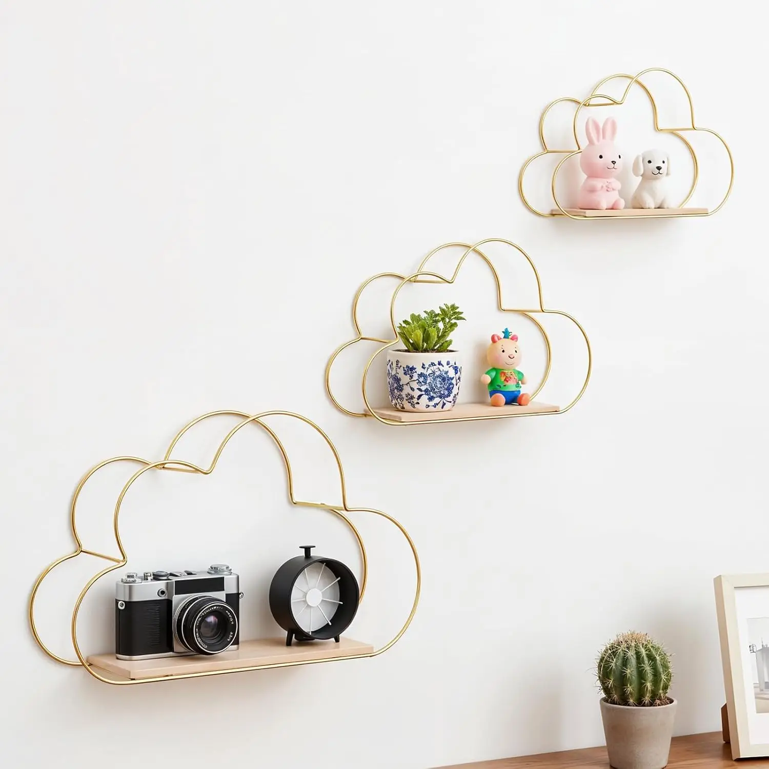 3PCS Golden Cloud Shape Floating Shelves Wall Decor, Metal Wire and Wood Base Cloud Decor Wall Mounted Shelf Set for Home Bedroom Living Room, Large