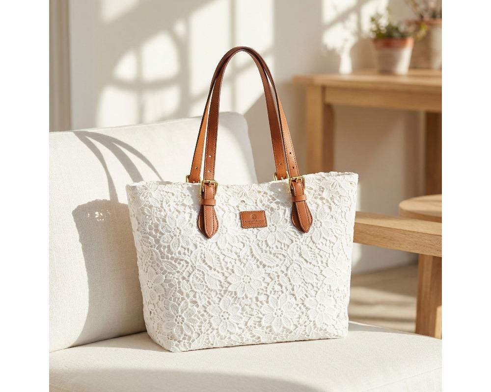 Women’s French Lace Hollow Tote Bag Large Capacity Shoulder Purse Adjustable Leather Straps Minimalist Floral Aesthetic Handbag Available in Versatile Summer Tote