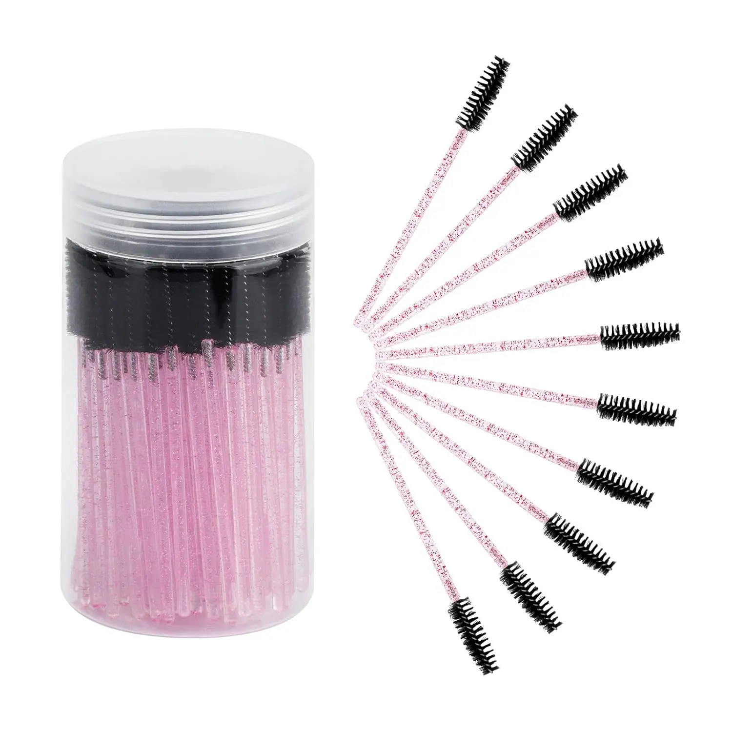 100PCS Disposable Eyelash Brush, Mascara Wands Makeup Brushes Applicators Kits for Eyelash Extensions and Eyebrow with Container (Pink Black)