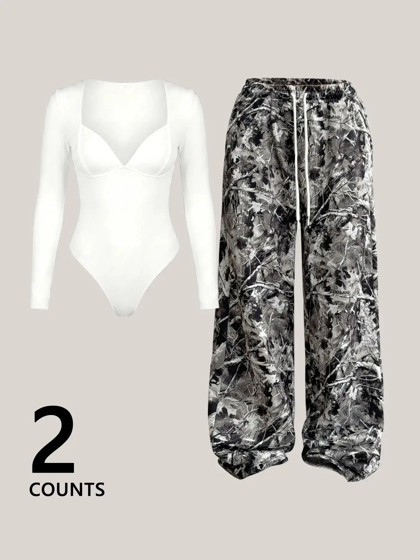 Long Sleeve Romper, Square Neck Slim Fit Bodysuit, Tree Camo Cuffed Pants, High Street Punk Two-Piece Set, Elastic Drawstring Workwear Sweatpants, Pure Desire Inner Wear Set