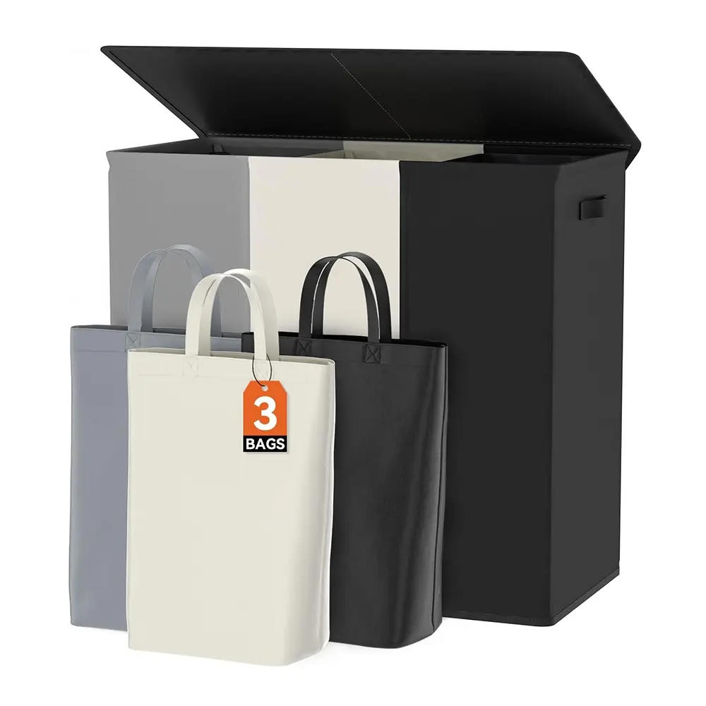 Three-Compartment Foldable Laundry Hamper with Handles and Detachable Bags, Large Capacity for Bedroom Bathroom Dormitory Use