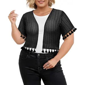 Womens Plus Size Lace Shrugs Short Sleeve Cut Out Style Bolero Sheer Top Tassel Cardigan