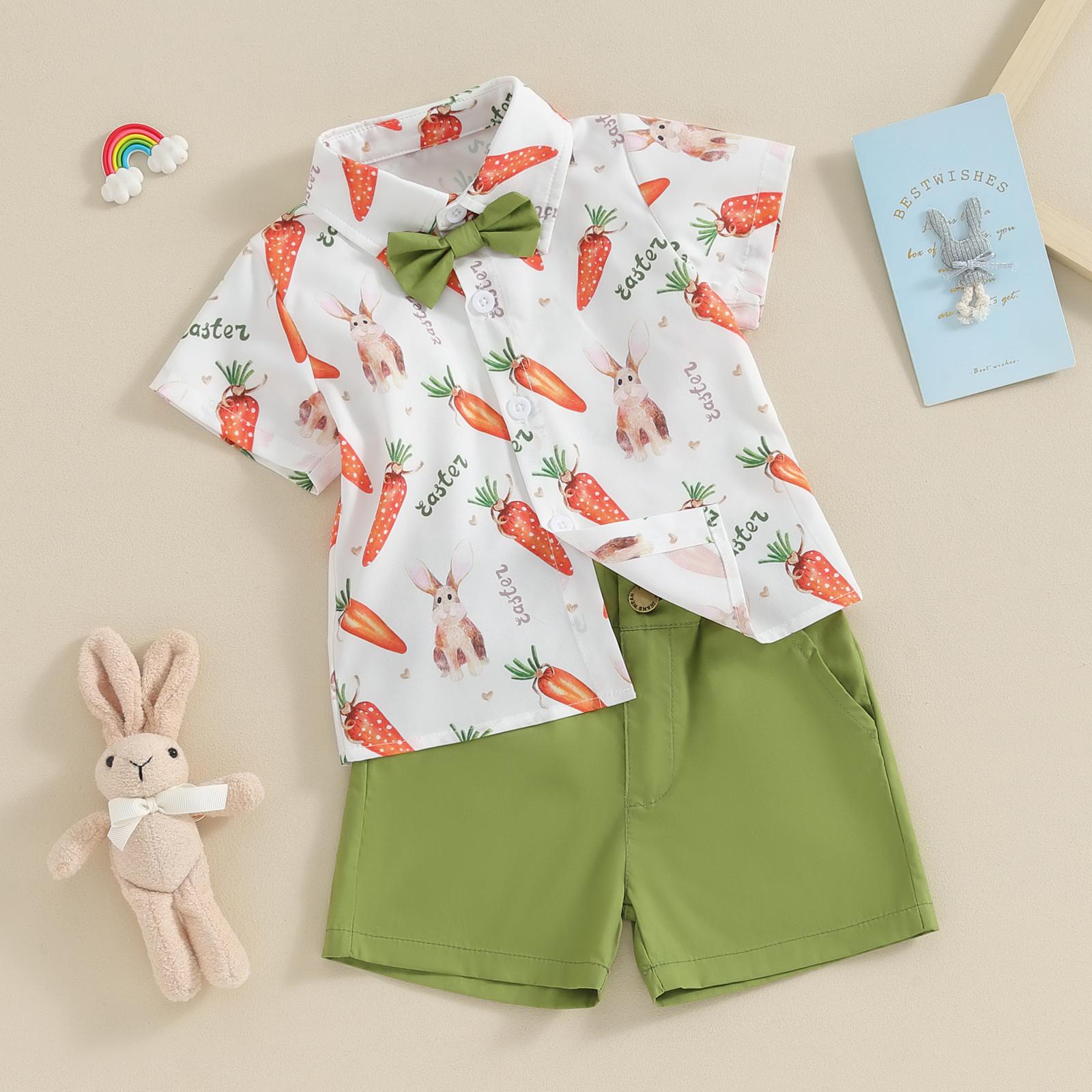 Babamoon Toddler Baby Boy Easter Outfits Carrot Rabbit Print Short Sleeve Button Down Shirt Top Solid Shorts Set Summer  2Pcs Clothes