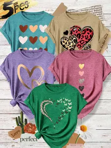 Five-Piece Women's Round Neck T-Shirts, Metal Leopard Heart Gradient Print, Soft Fabric, Casual Fashion, Spring Summer