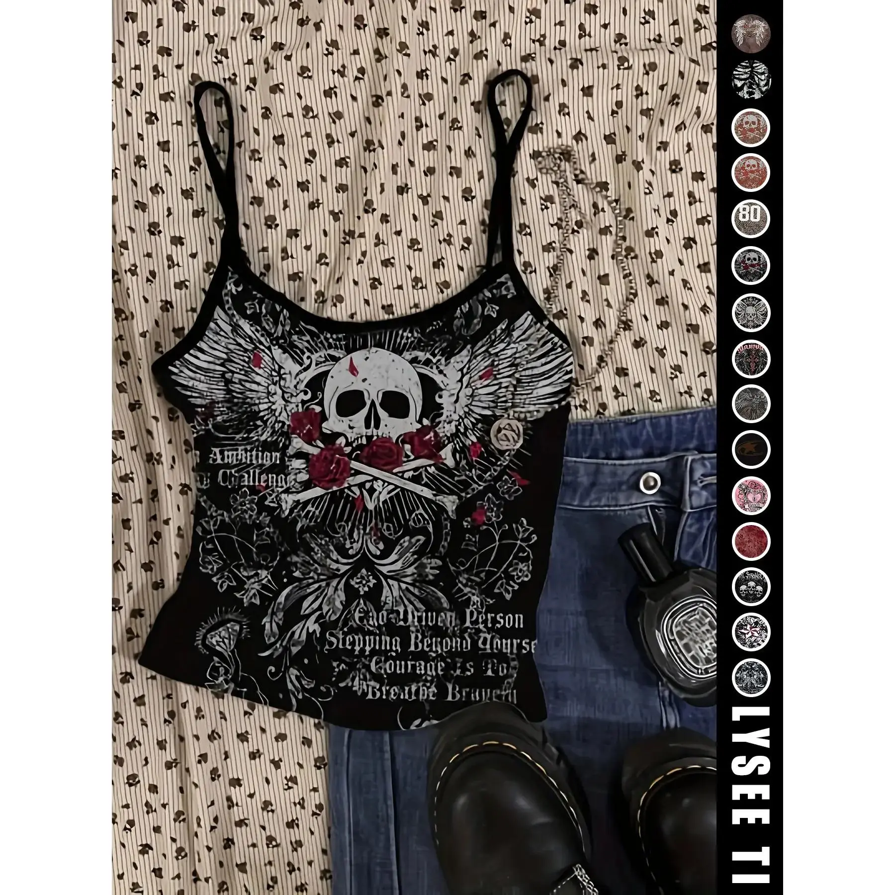 Chic Satin Cami Top, Vintage American Casual Slim-Fitting Skull Eagle Print Crop Top for Valentine's Day and Music Festival, Trendy Summer Tank Women, Cool, Coffee Date, Easy Wear, Party Season, Stylish