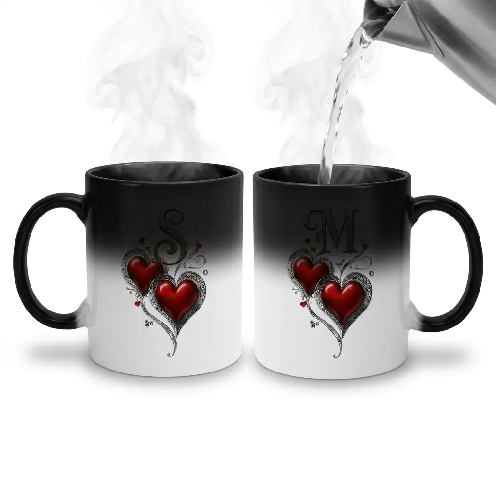 Color Changing Initial Mug 11oz, Silver Monogram and Red Hearts Heat Reveal Ceramic Coffee Cup