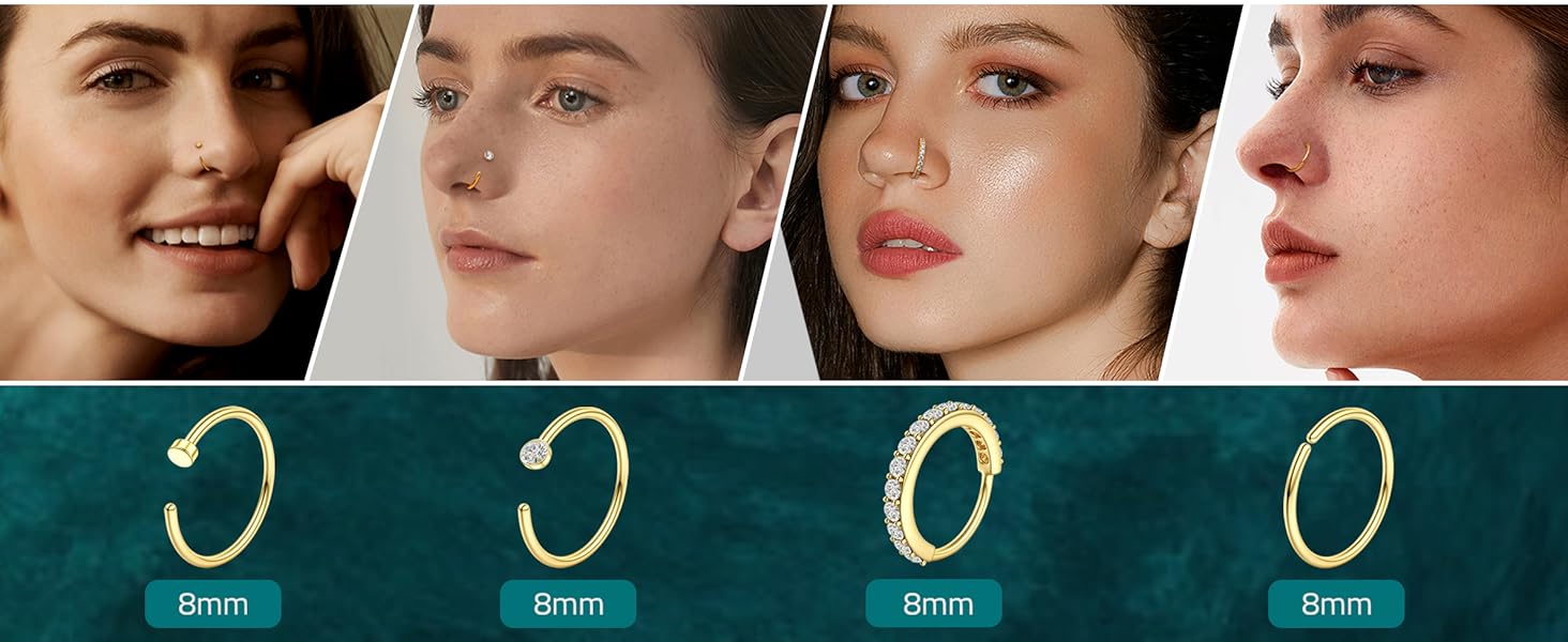 BESTEEL 14K Gold Plated Nose Ring Studs 20G Nose Rings Hoops Stud 316L Stainless Steel Nose Rings Round CZ Heart Simulated Diamond L Shaped Nose Stud Hypoallergenic Nostril Piercing Jewelry for Women Men 10Pcs