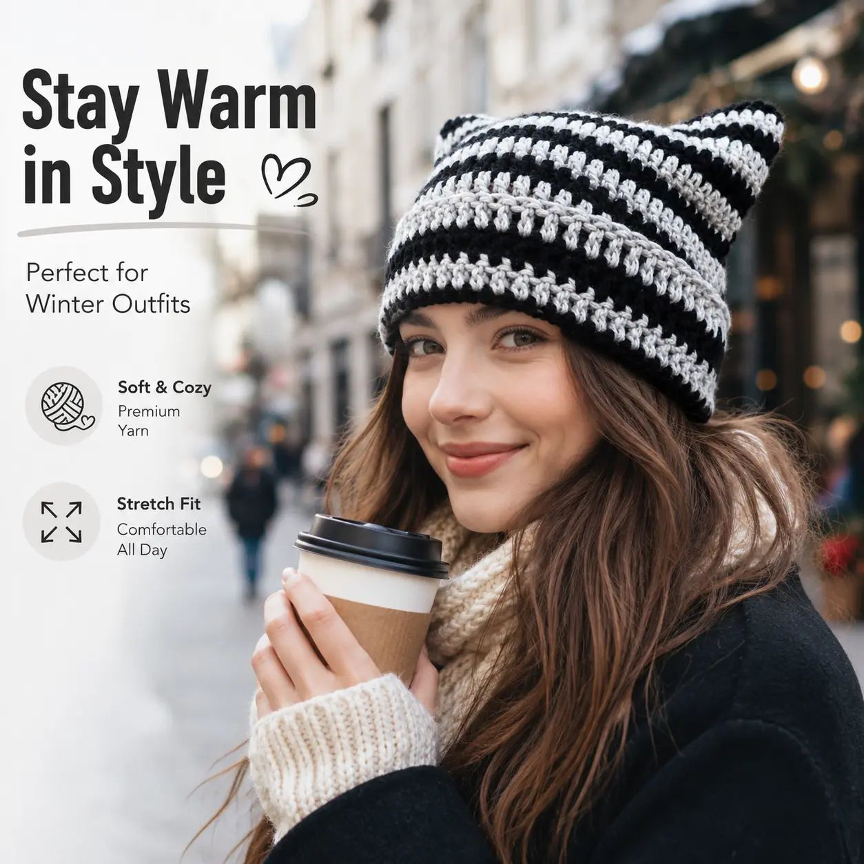 Handmade Crochet Cat Ear Beanie Soft Yarn 11 Colors Available Stretch Fit Warm Cozy Cute Ears One Size Fits Most 56-58cm Head Circumference Lightweight 80g Winter Daily Wear Special Occasion Perfect Gift Women Girls Fashion Accessory