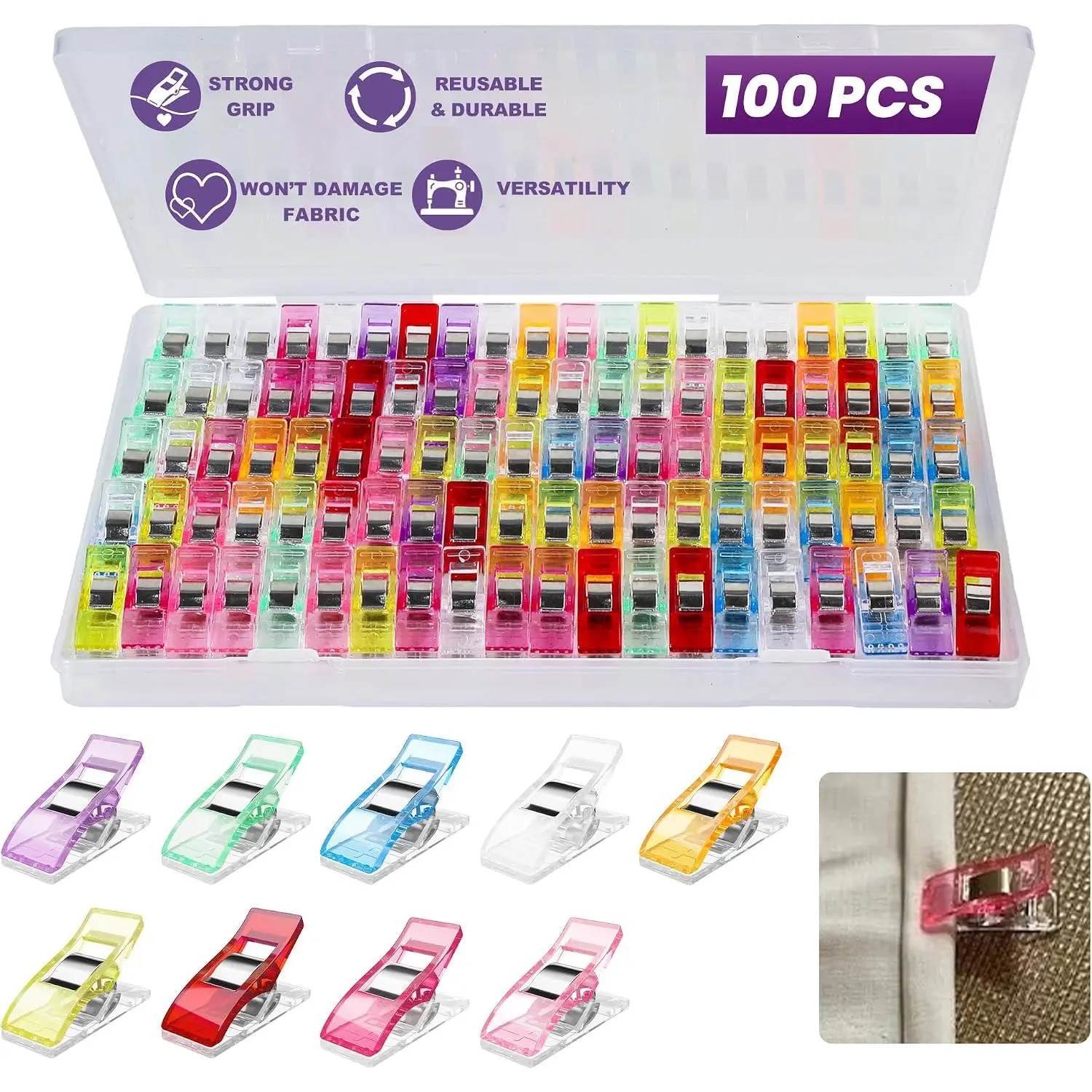 100 count Sewing Clips with Storage Box –  Grip, No Pin Marks, Multi-Colored Quilting Clips for Fabric, Crafts & Sewing Projects