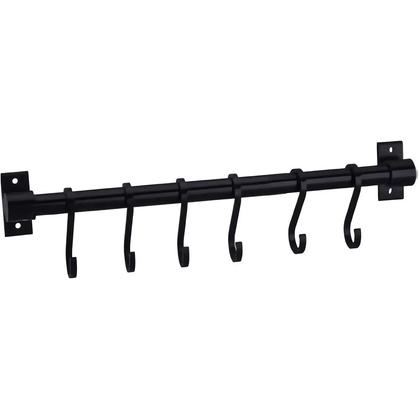 Gourmet Kitchen Utensil Rack with 6 Hooks, Wall Mounted Rail Wrought Iron Hanging Utensil Holder Rack with Removable S Hooks 16 Inch (Black-6 Hooks)