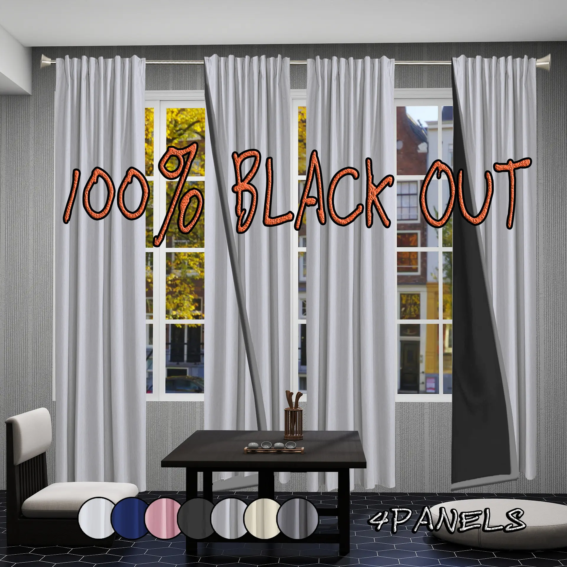 4 pieces of 100% blackout curtains, Blackout window cover, made of solid polyester material, modern and minimalist blackout film curtains, lightweight, hanging through poles, suitable for bedrooms, dining rooms, living rooms