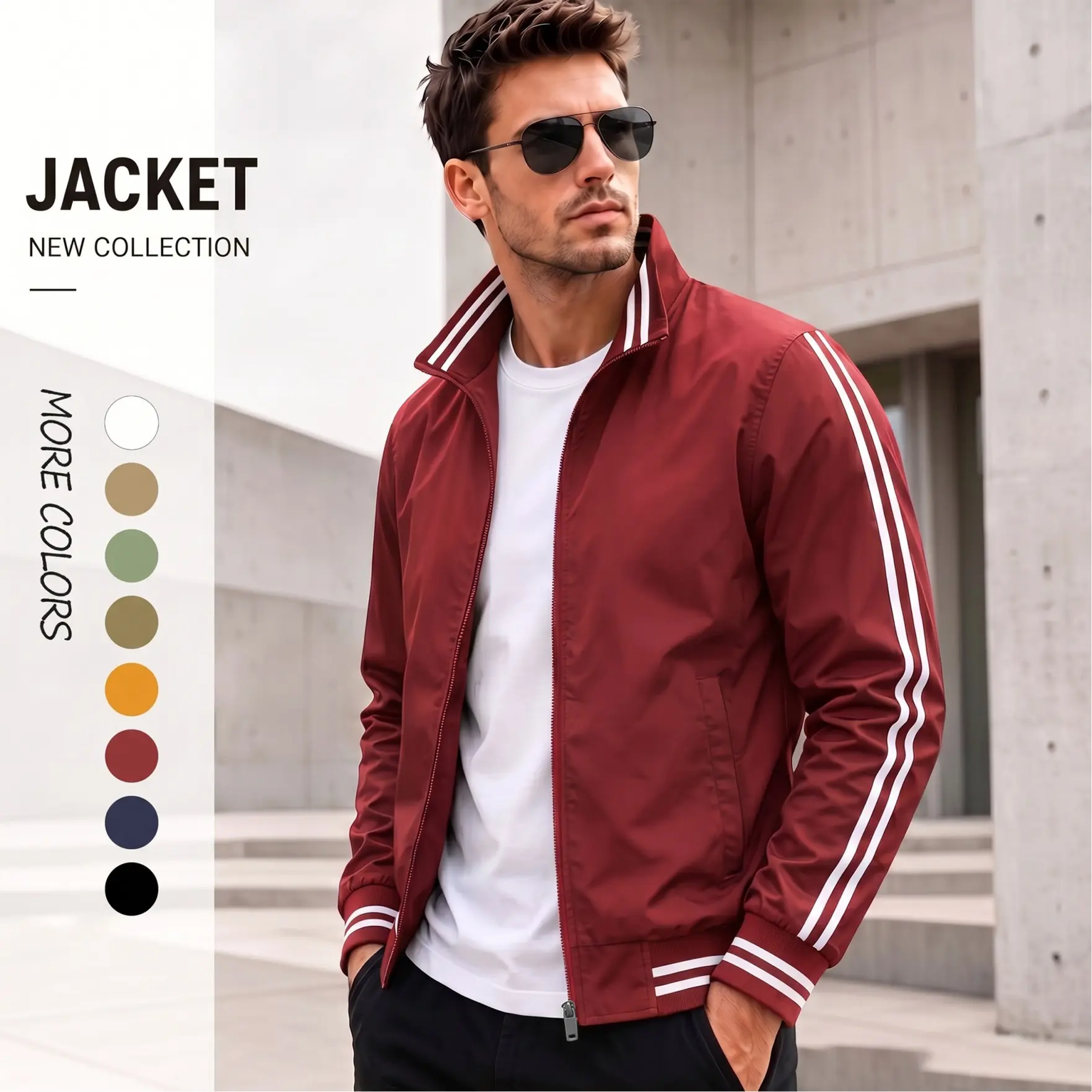 Men's Pilot Bomber Jacket in Lightweight Fabric, Thin Casual Streetwear Outerwear with Full Zipper, Rib