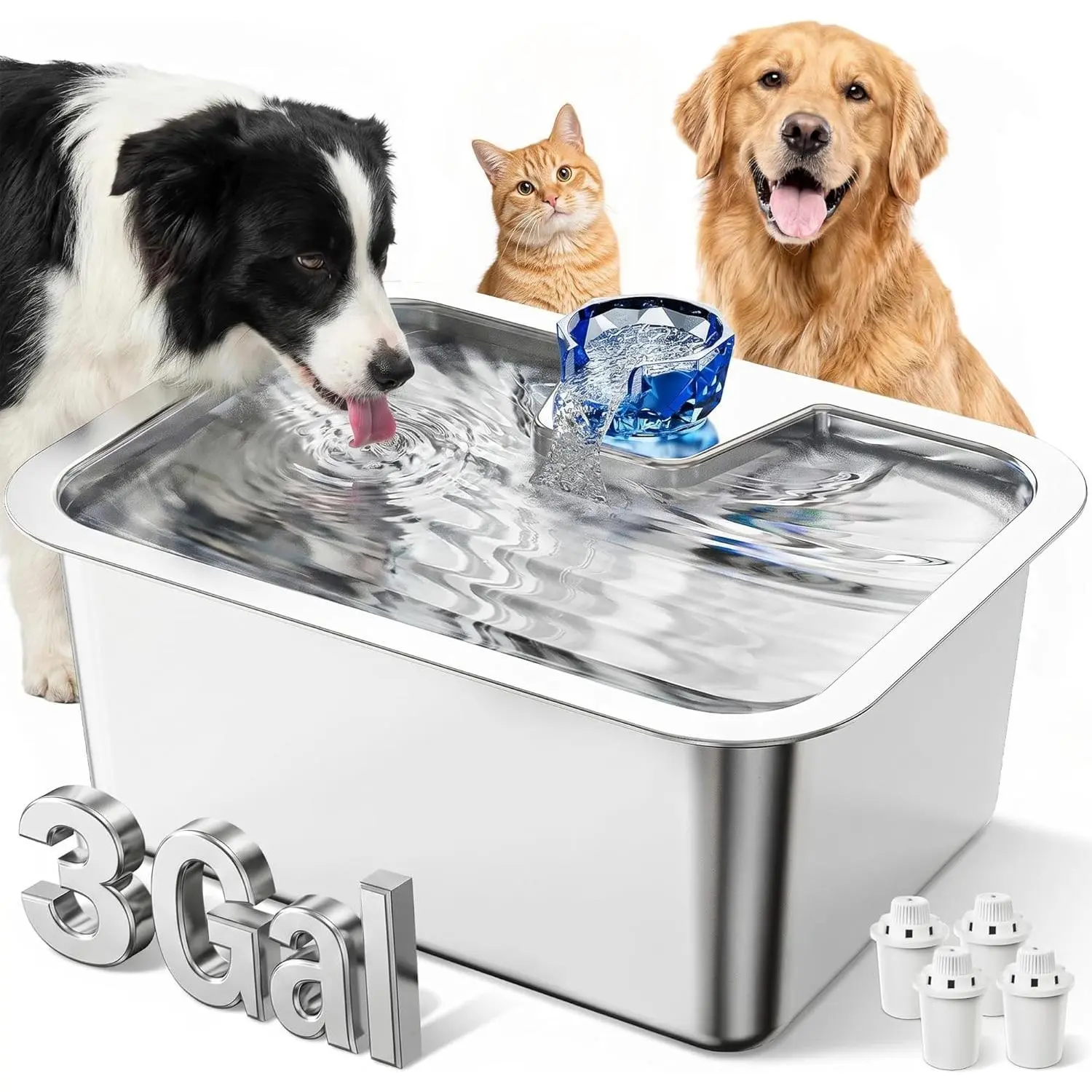 3-Gallon 304 Stainless Steel Dog Water Fountain for Large Dogs, Extra Wide Drinking Area, Automatic Water Bowl Dispenser for Large Dogs & Multi-Pet Homes, 7-Stage Filtration System, Quiet Pump
