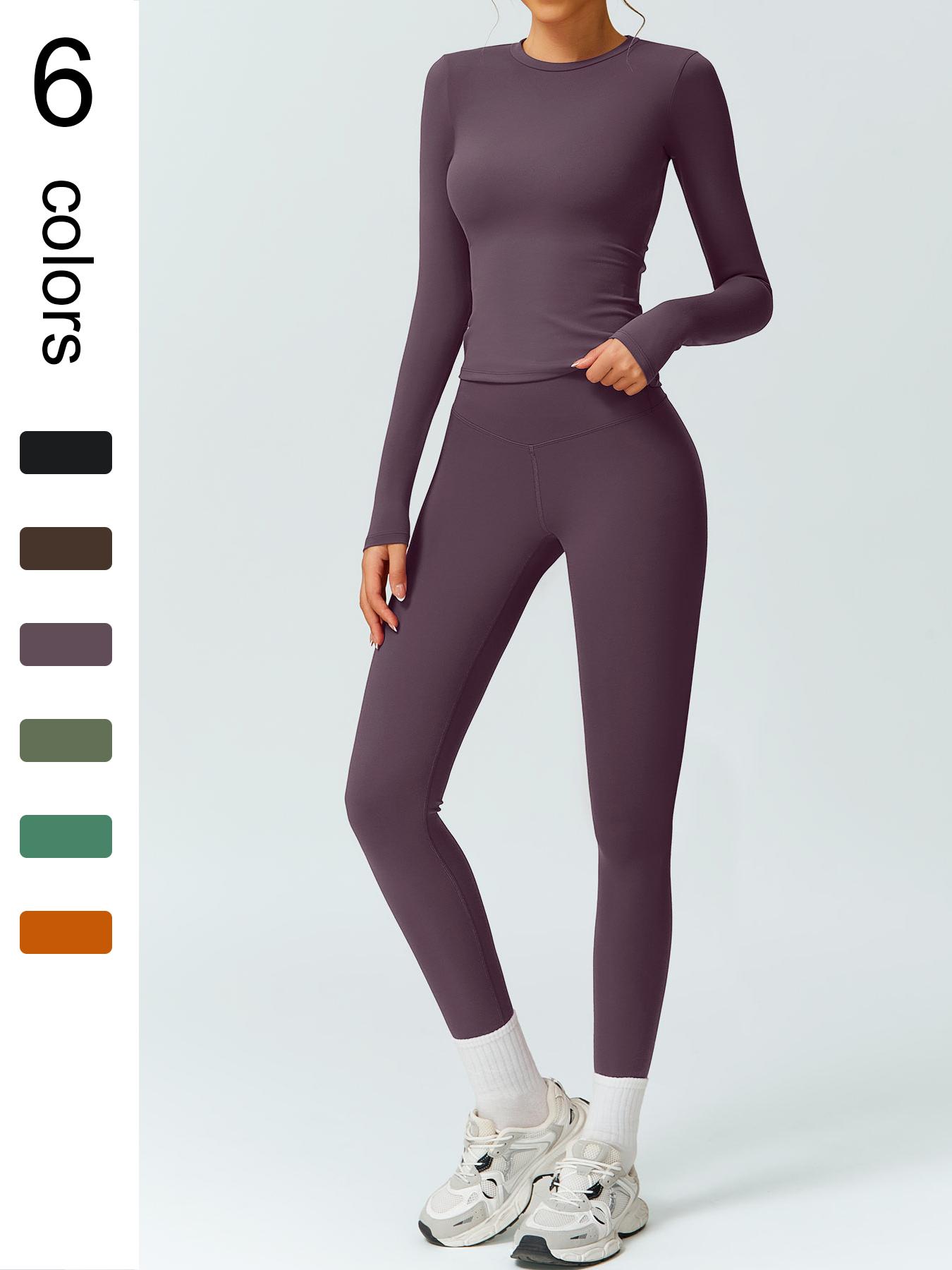 Women's Solid Color Long Sleeve Tee & High Waist Leggings Workout Set, Sporty Comfy Breathable Outfits for Gym Running, Workout Running Clothes, Ladies Fall & Winter Sportswear