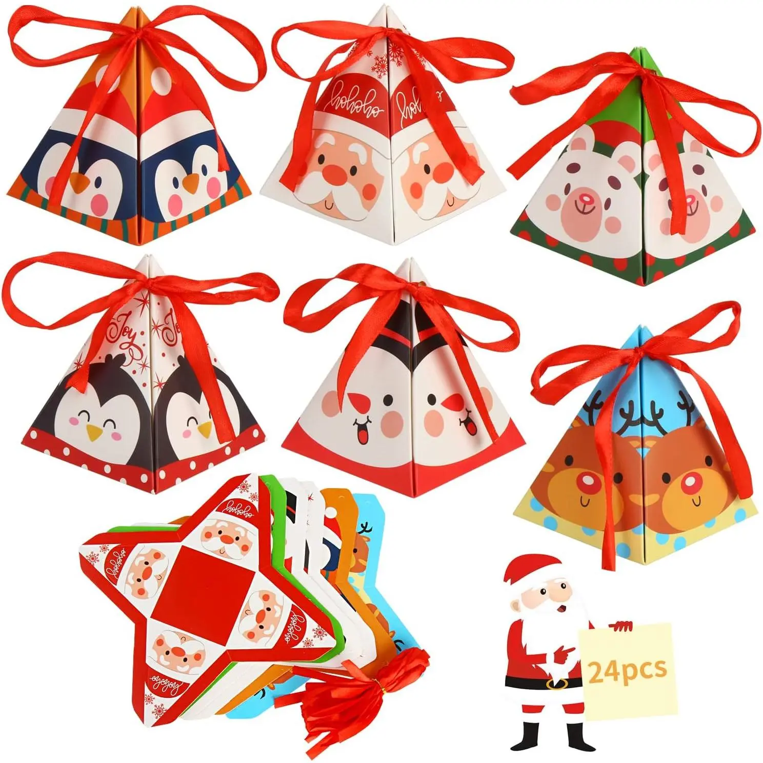 24 count Christmas Candy Boxes - 6 Styles Xmas Paper Boxes with Ribbon Triangle Sweet Boxes for Christmas Party Supplies