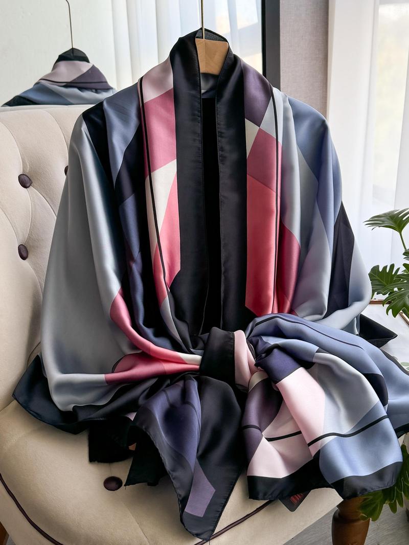 Women's Geometric Print Silk Scarf, Boho Style Scarf, Fashionable Soft Comfortable Shawl for Daily Wear, Casual Versatile Scarf for Women