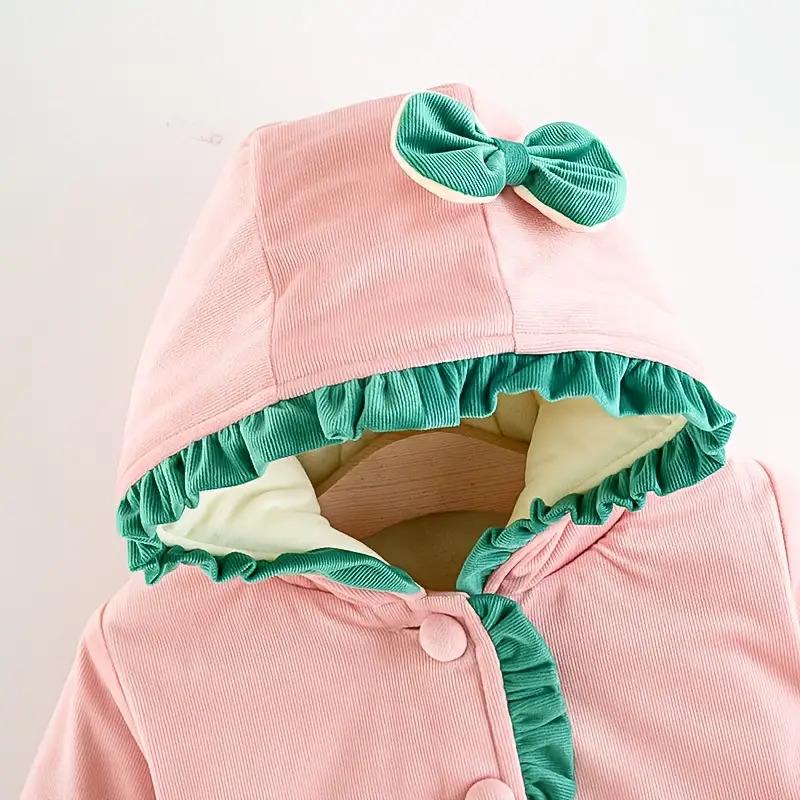 ' Winter Hooded Jacket - Long Sleeve Non-Stretch Coat with Front Bow Accent, Easy Button Closure, Hand Washable Outerwear, (Red/other Solid Color Available) - Perfect Christmas Outfit