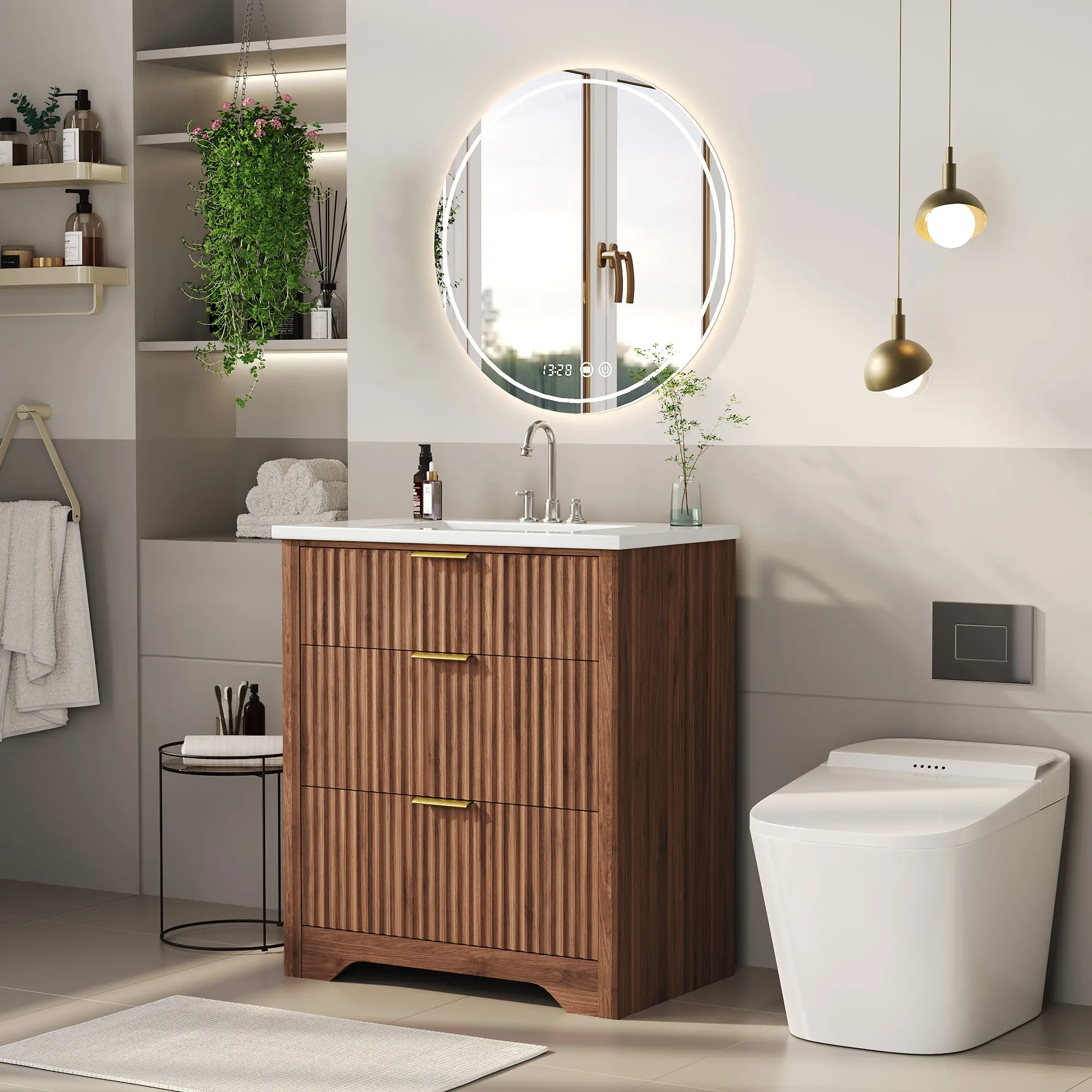 Freestanding Rustic Bathroom Sink Cabinet Vanity Set, Modern Engineered Wood Walnut Grain Fluted Panels, Durable Ceramic Sink, 2 Drawers, 1 Flip-Down Drawer, Ample Adjustable Storage, Easy Assembly, Easy Faucet & Drain Installation, Simple Cleaning