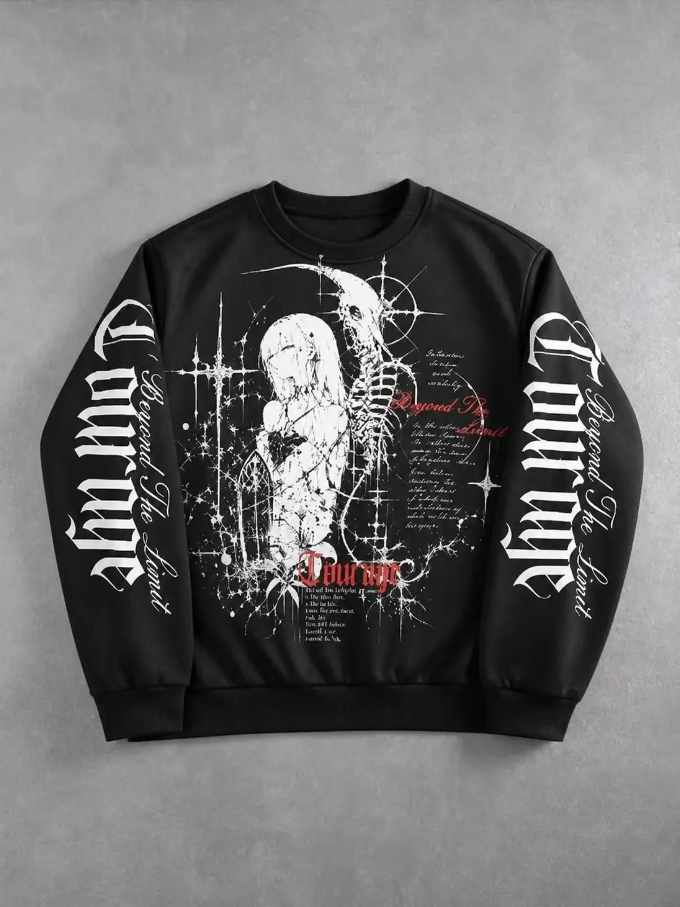 Vintage Dark Aesthetic Gothic Anime Skull Graphic Sweatshirt, Full Sleeve Old English Slogan Print Crew Neck Pullover, Distressed Grunge Hip Hop Streetwear Oversized Sweatshirt For Men Daily Outdoor Fashion Wear