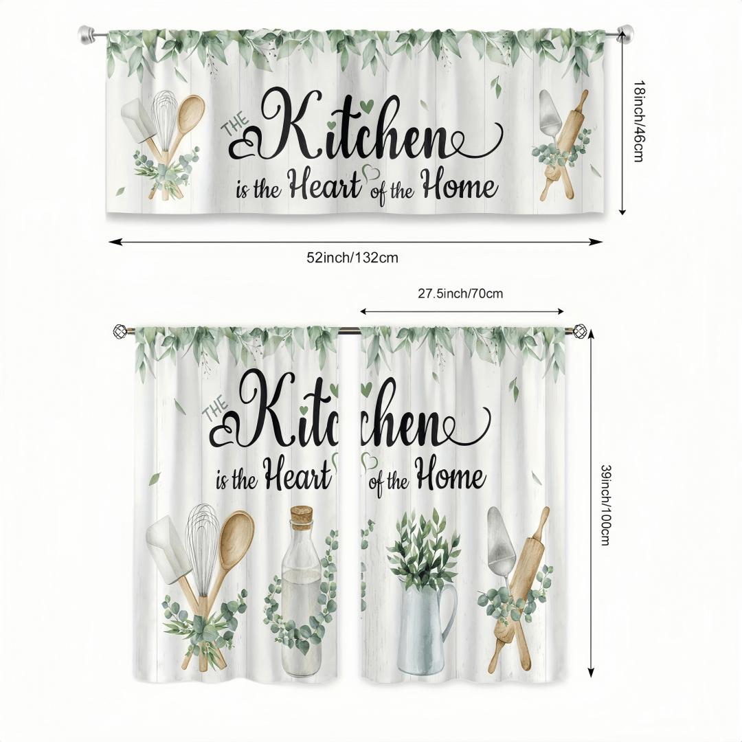 Rustic Eucalyptus Leaf Kitchen Window Curtains, Farmhouse Natural Pocket Rod Decor for Kitchen, Cafe, Office, Living Room & Dining Room, Home Decorative Curtain, Home Decoration Curtain