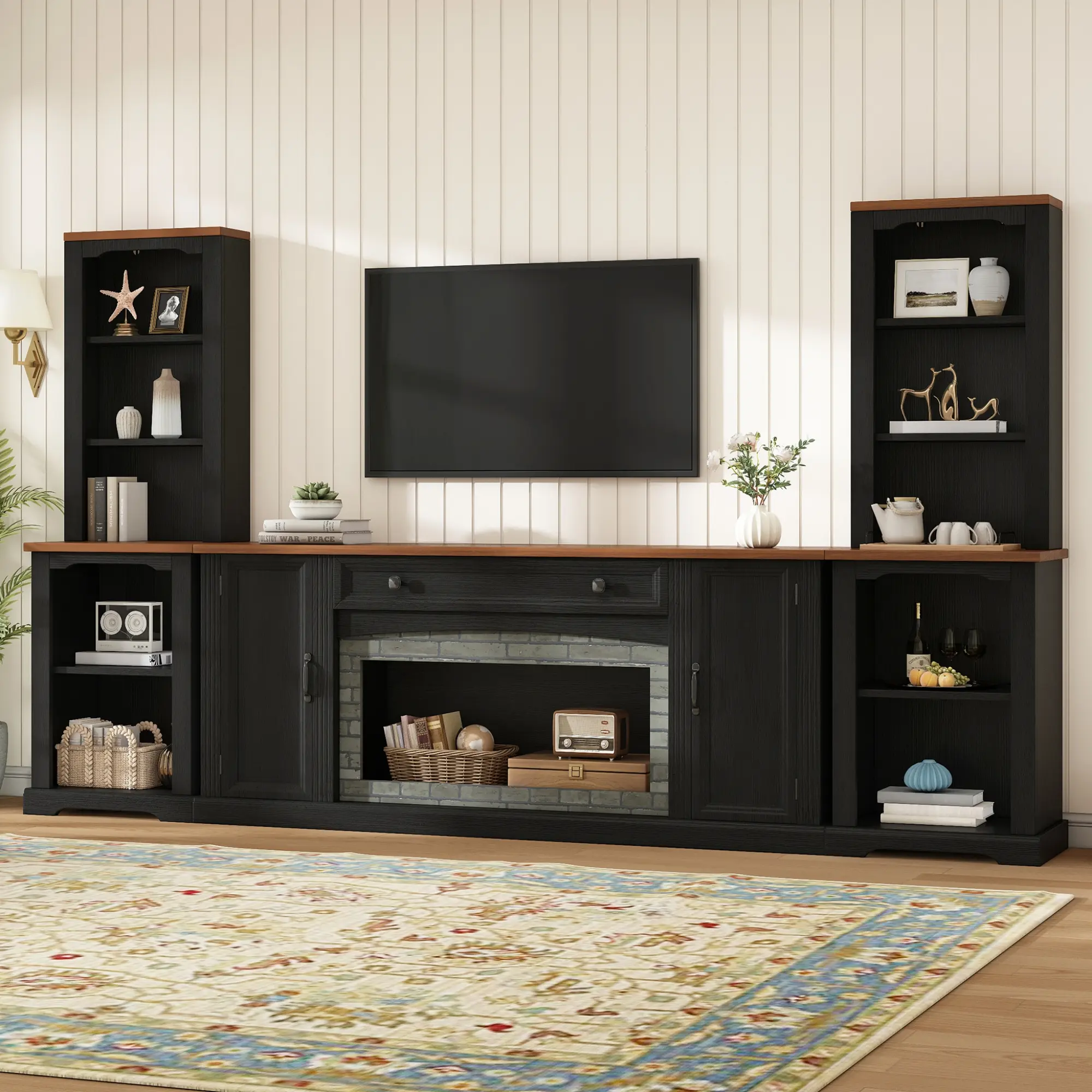 Walnut Wood 3-Piece TV Stand Set with Curved Side Cabinets (3-Piece Configuration, Country Farm Theme), Farmhouse Entertainment Center for TVs Up to 70", with Bookshelves, Drawer, Adjustable Shelves, Black Finish, Requires Assembly, Living Room Furniture
