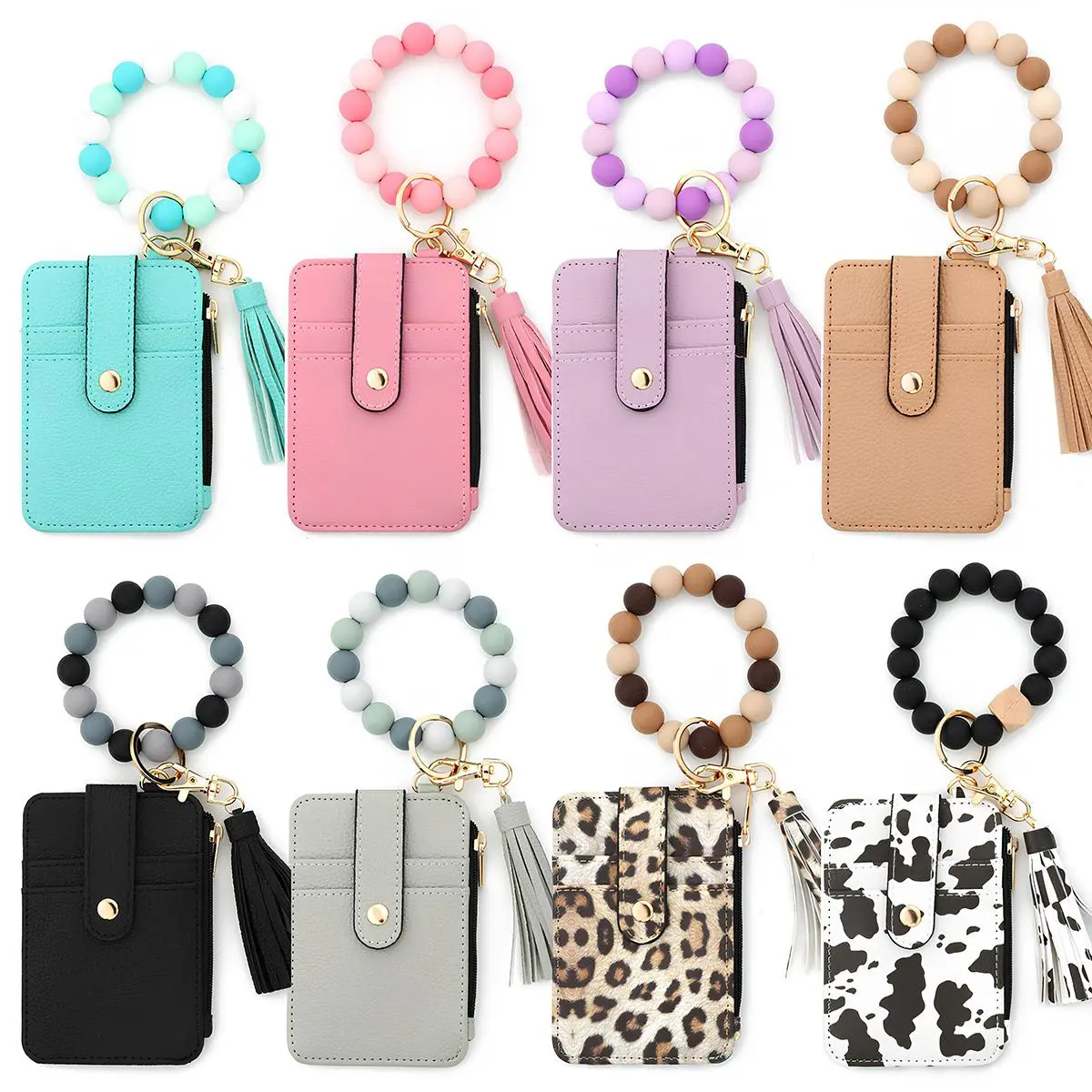 Women’s Boho Beaded Wristlet Keychain Wallet – Floral Pattern Card Holder with Tassel, Silicone Bead Bracelet Key Ring Wallet with Zipper Coin Purse & ID Window for Women
