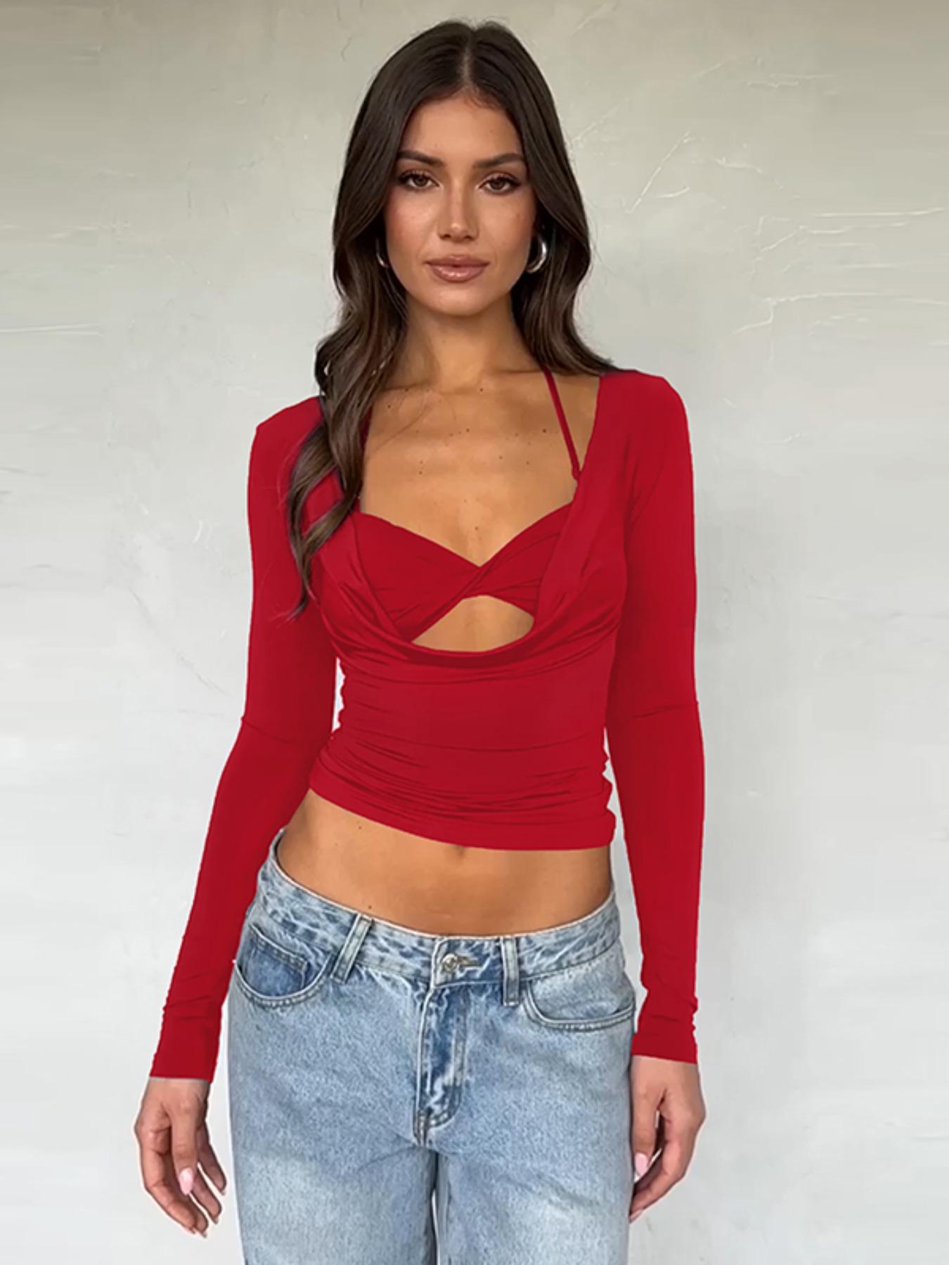 Women's Plain Twist Cut Out Halter Tee, Casual Tie Back Long Sleeve 2 in 1 T-shirt for Spring & Fall, Women's Clothing for Daily Wear, Valentine's Day, Gift, Plunge Neck Top, Lady Crop Top, Womenswear