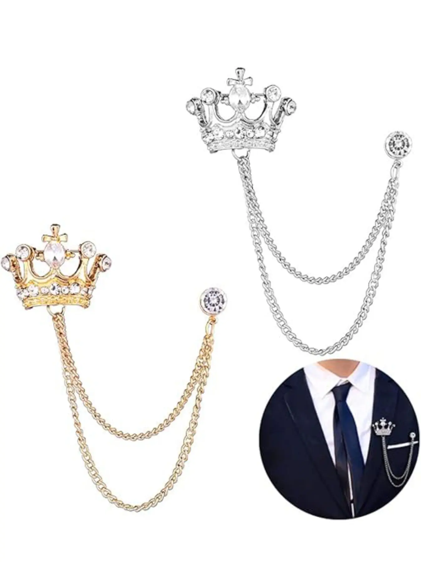 2pc  Crown Brooch with Tassel Chain, Sparkling Rhinestone Fashion Lapel Pin Brooch Pins for Men Women, Vintage Royal Regal Jewelry, Elegant Groom Wedding Accessory, Formal Party Prom Suit Decor, Unisex Aesthetic Pin Gift