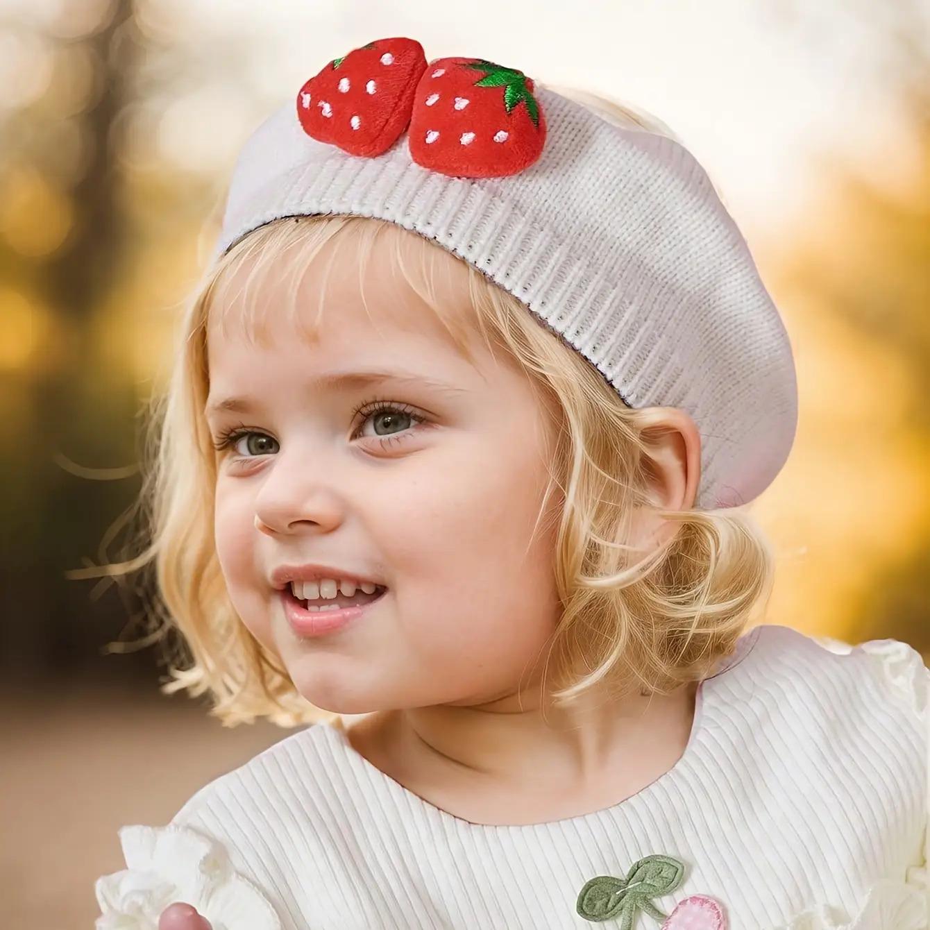 Girls' Strawberry Knit Beret Hat - Stretchy Lightweight Winter Hat with Red Strawberries, Soft Pastel Colors (Pink, Yellow, Green, Blue, Purple) - Christmas, Thanksgiving, New Year Party Outfit - for Ages 3- - Easy-Care Kids' Formal & Everyday Winter Acce