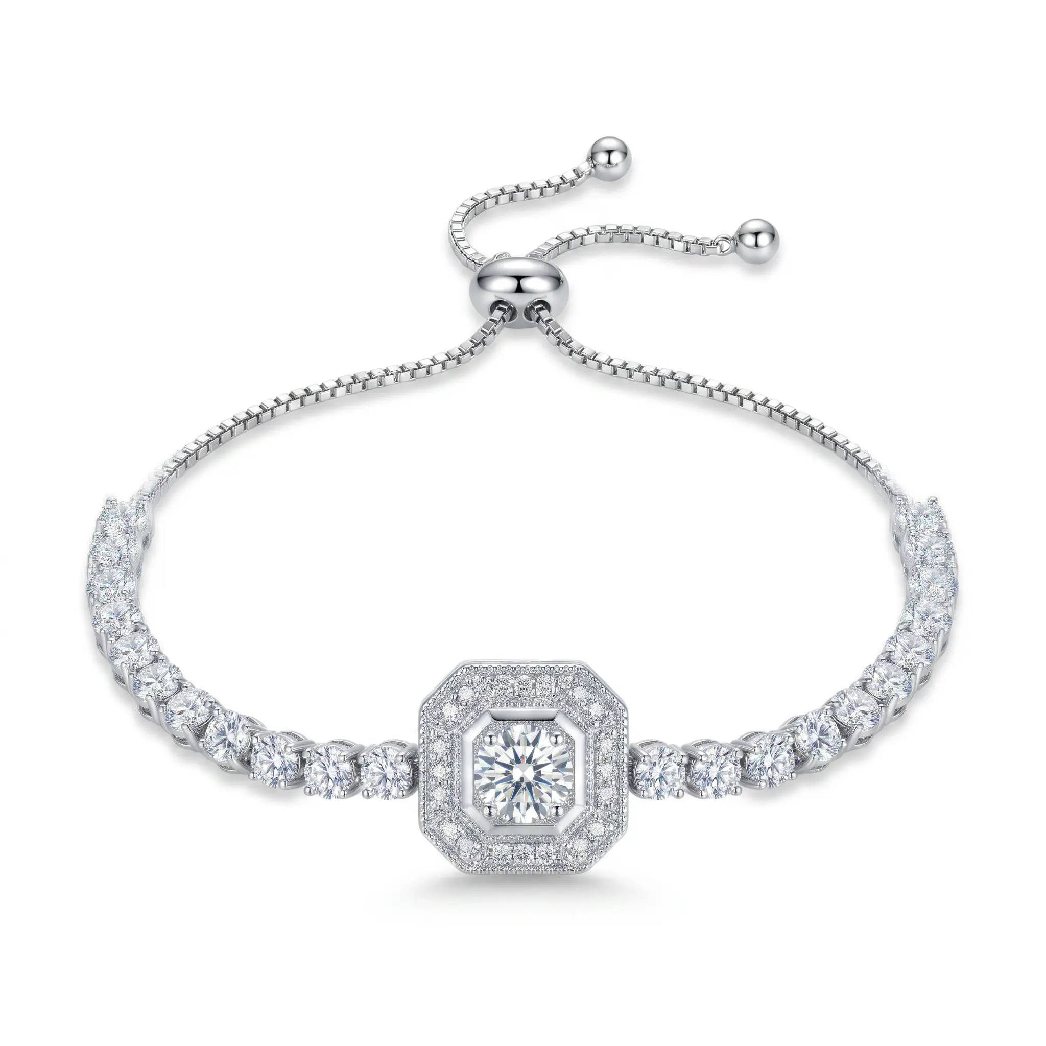 925 Sterling Silver Octagonal Moissanite Bracelet Adjustable Sliding Knot Women's Luxury Bridal Tennis Bracelet with Halo Pave Setting Sparkle Jewelry   sister gift