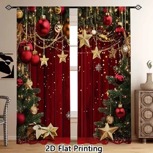 2-Piece Christmas Theme Curtains, 2D Print, Santa Claus & Fireplace Design, Living Room & Bedroom Decor, Rod Pocket Style