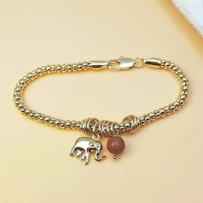 14K Gold Plated Beaded Chain Bracelet with Lucky Elephant Charm & Sunstone Pendant - Good Luck Statement Jewelry for Women, Lobster Clasp, Adjustable