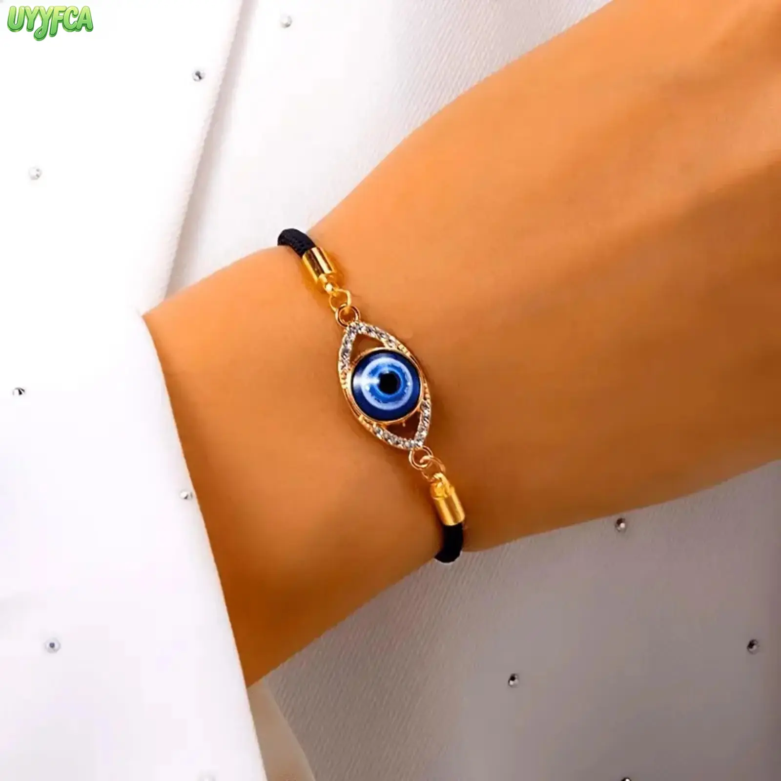 Cord Wrap Bracelet with Turkish Evil Eye Protection Charm, Adjustable Rhinestone Bangle for Women, Unisex Spiritual Jewelry for All Seasons