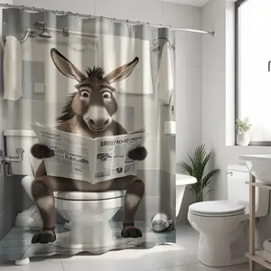 Funny Donkey Reading Newspaper on Toilet Shower Curtain – Whimsical Bathroom Decor, No-Drill Installation, Machine Washable, Includes Hooks, Humorous Bath Curtain